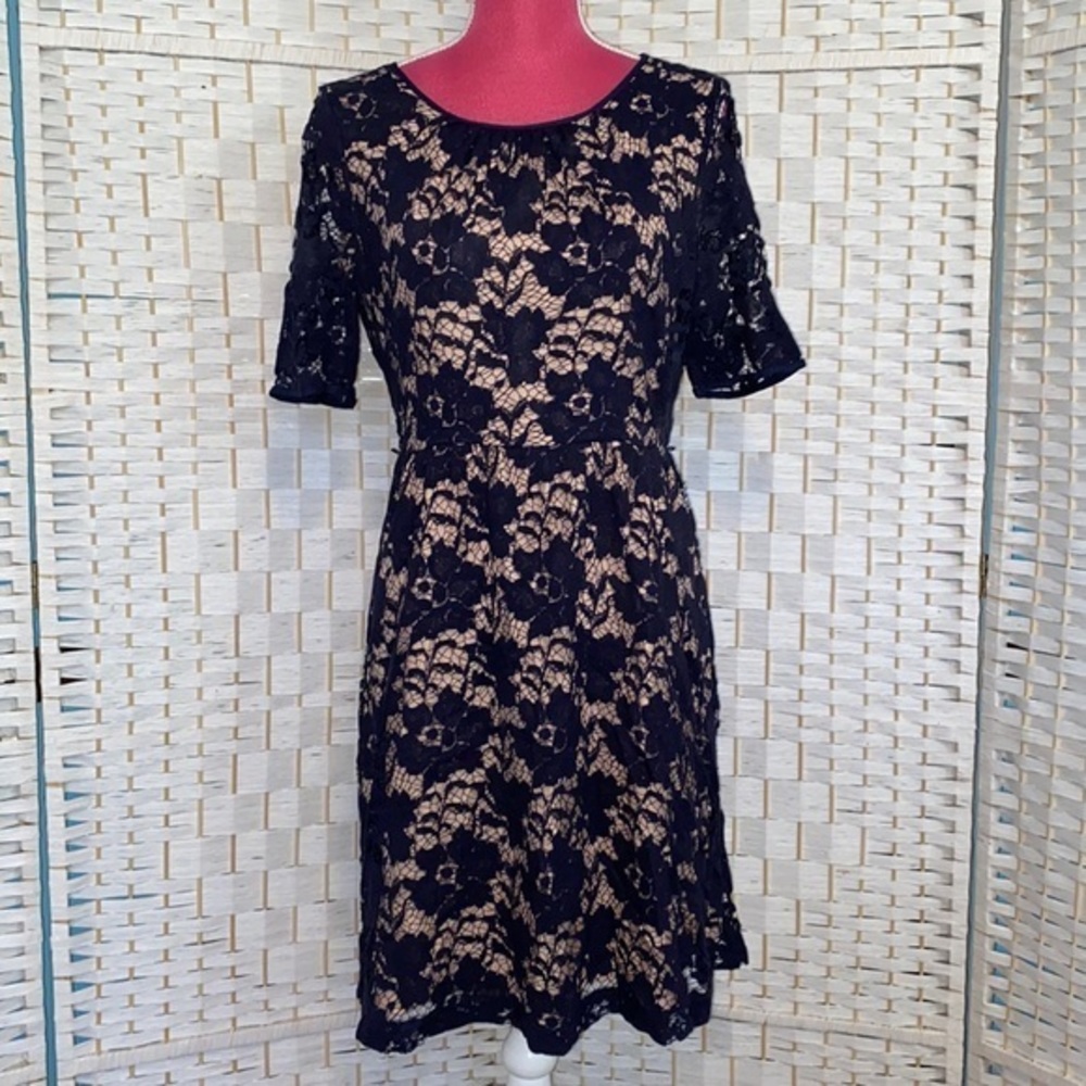 Donna Morgan Navy Lace Nude Illusion Dress Size 8